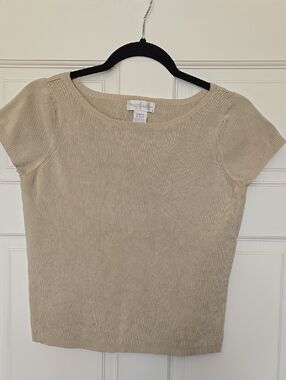 Worthington Neutral Beige Short Sleeve Silk Ribbed Tee